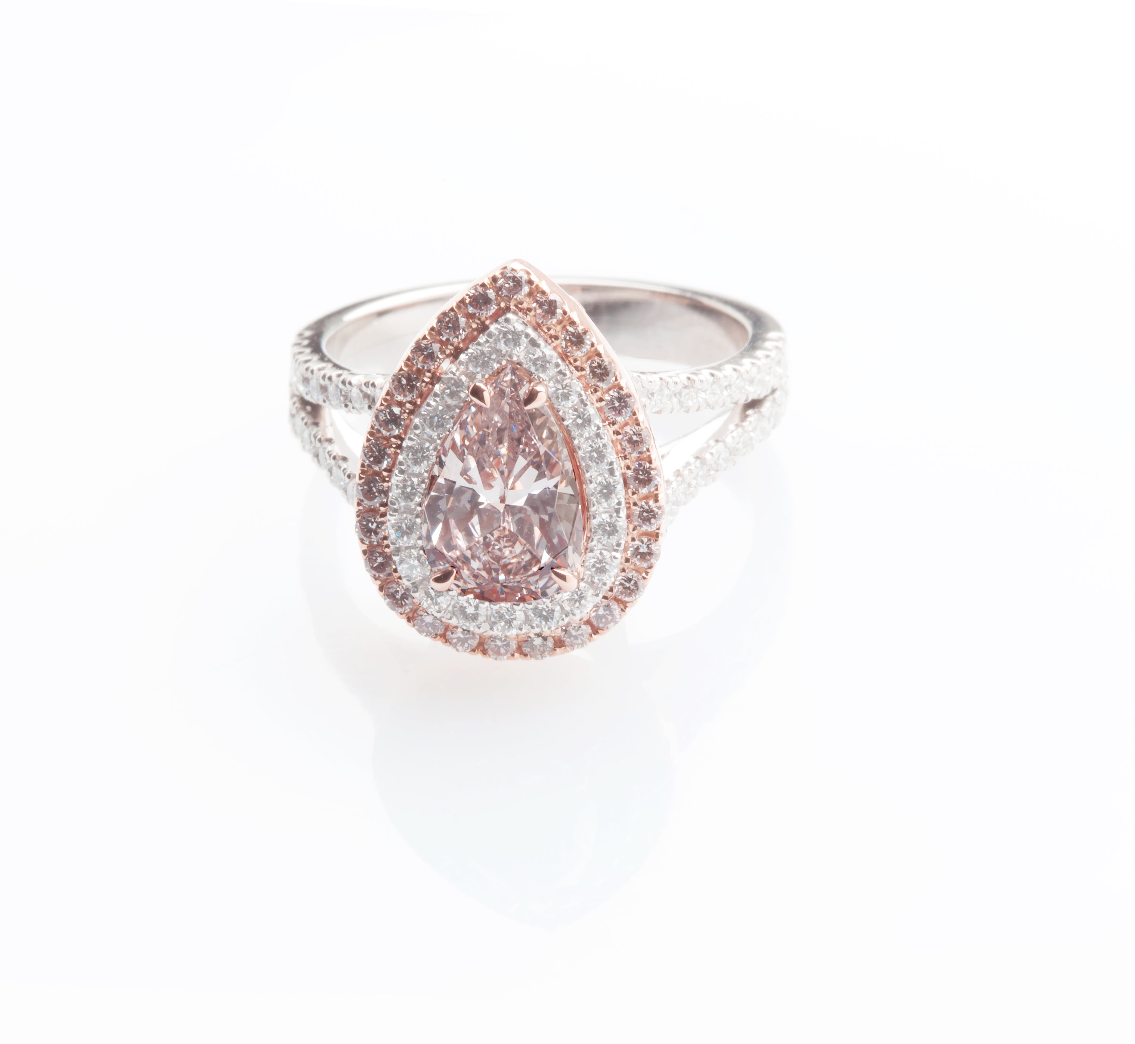 Split-shank Pink diamond engagement ring with double halo by Langerman Diamonds.