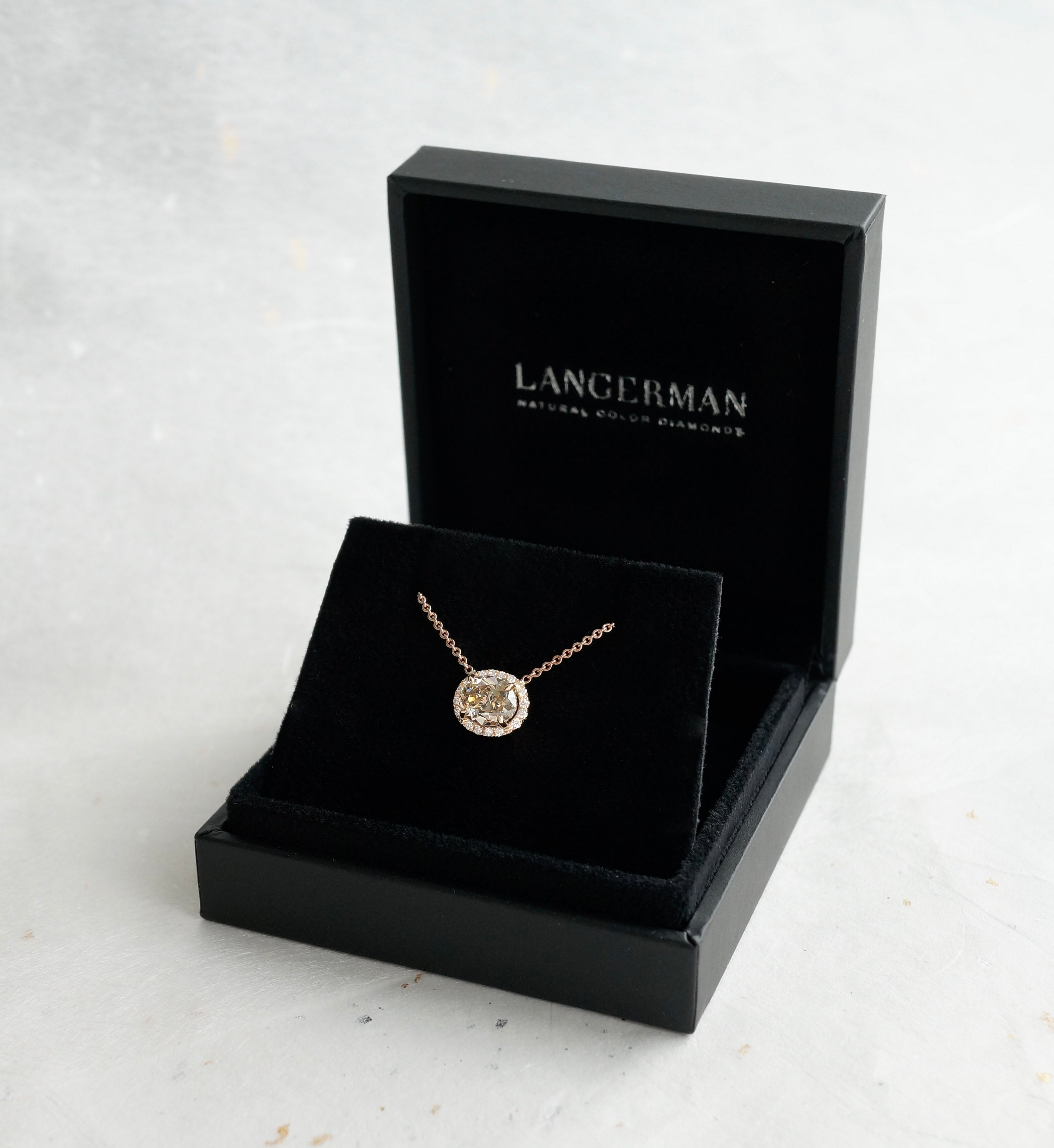 Finished bespoke diamond necklace in its jewelry box