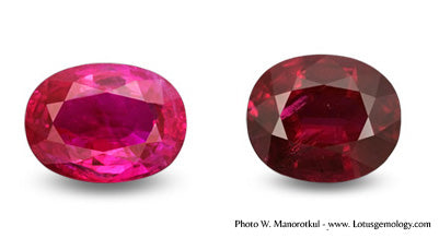Two oval-cut rubies side by side under different lighting conditions—on the left, a vivid pinkish-red ruby under daylight; on the right, the same ruby appearing darker and more purplish-red under incandescent light.