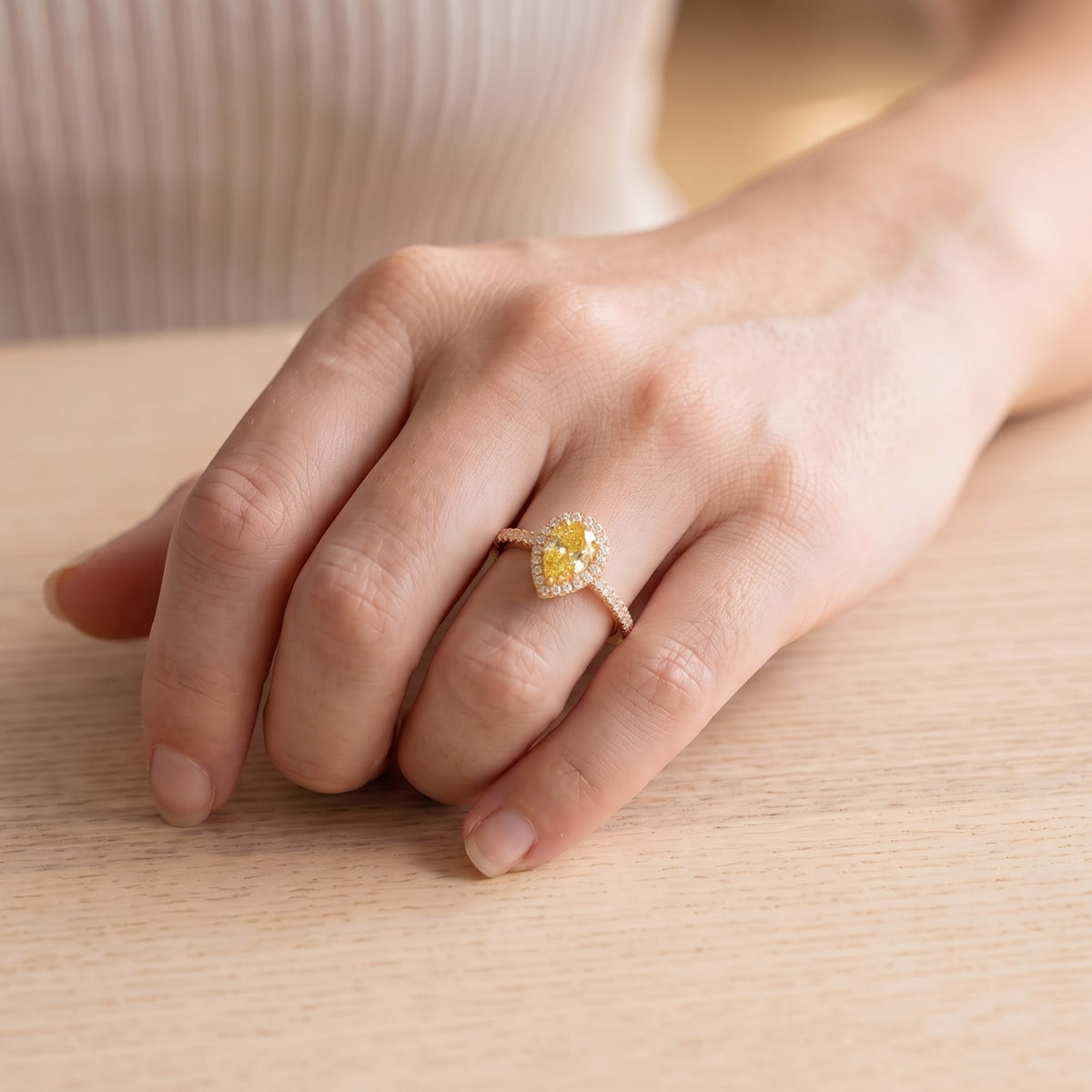 Yellow Pear Diamond Ring with Halo