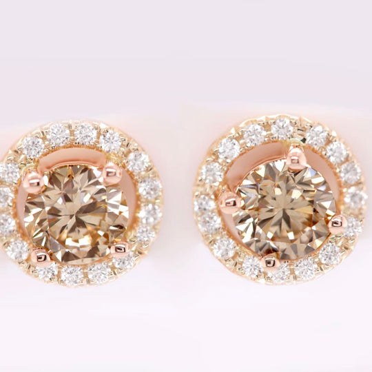 Champagne Diamond Earrings with White Diamond Halo