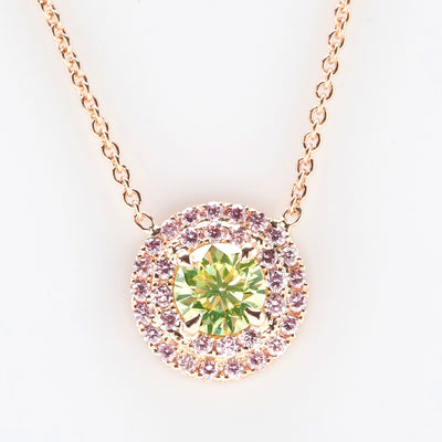 Lime Green Diamond Pendant with Double Pink Halo