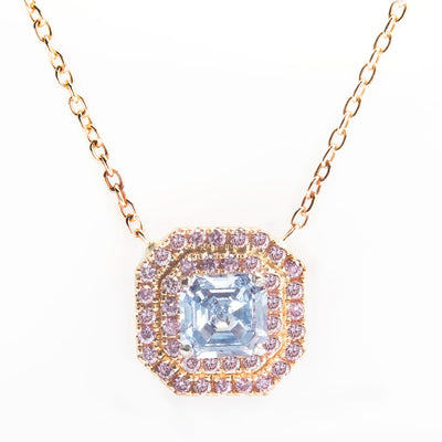 Fancy Blue Asscher Cut Diamond & Double Pink Halo Pendant