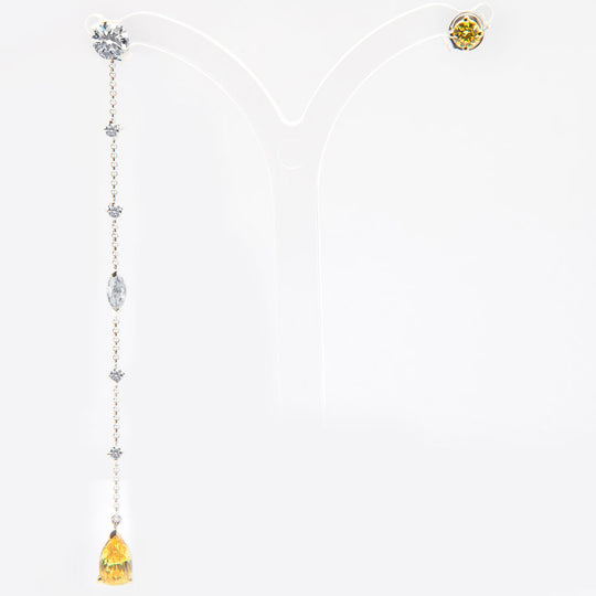 Assymetric Set of White and Vivid Yellow Diamond Earrings