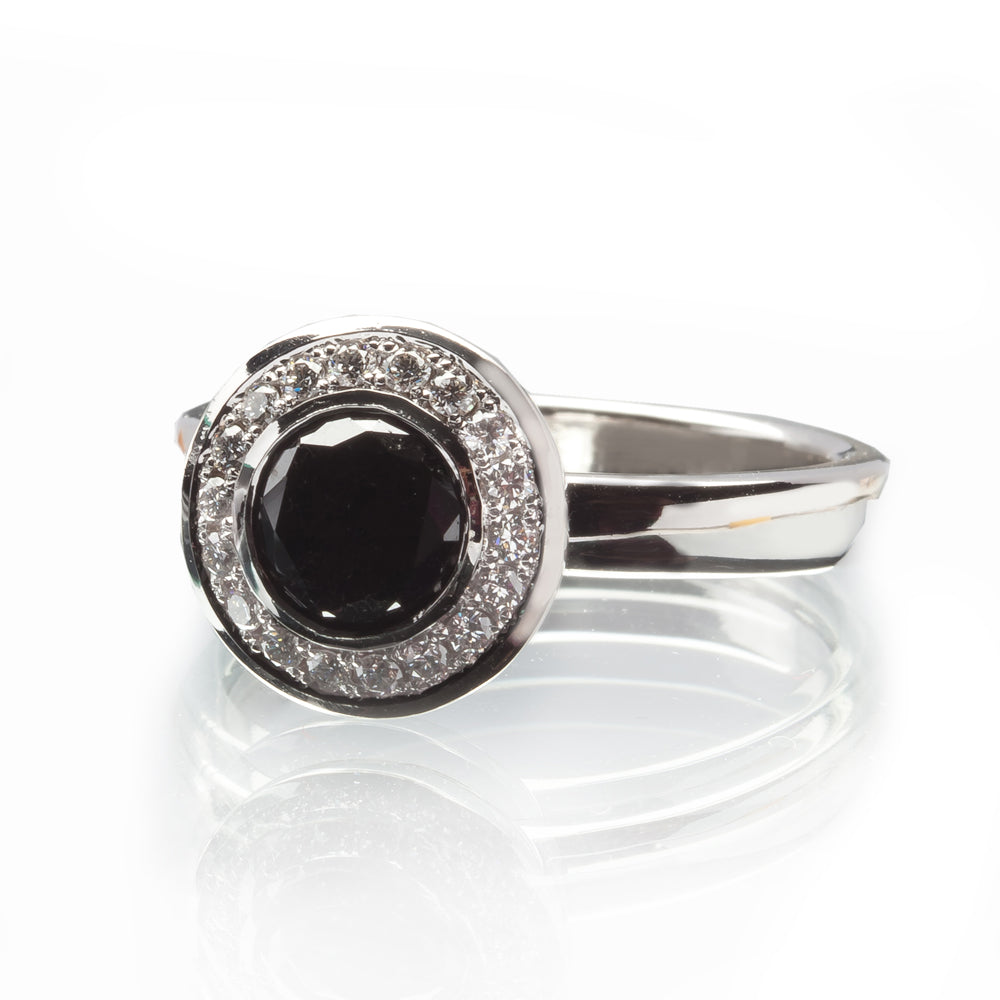 Black Diamond Engagement Ring with White Diamond Halo
