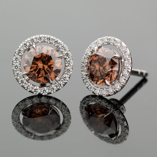 Chocolate Diamond Stud Earrings with a White Diamond Halo